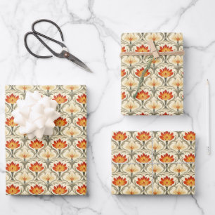 Red / Yellow / Ivory Art Nouveau Flowers Wrapping Paper Sheet