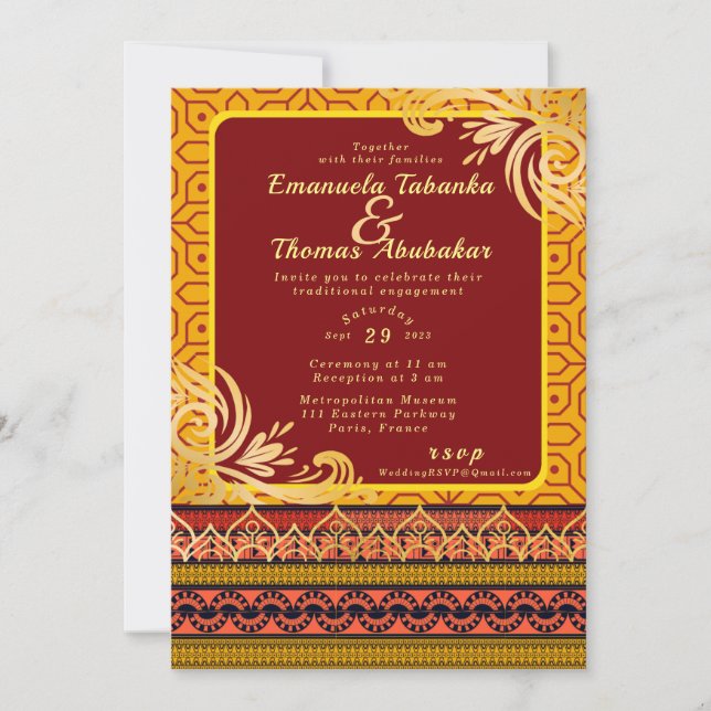 Red & Yellow Kente Wedding Invitation Gold Designs (Front)