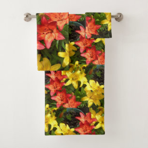 Red & Yellow Lilly Flower Designed Towel Set