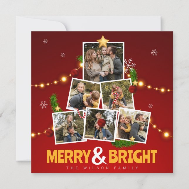 Red & Yellow Merry and Bright Family Photo Collage Holiday Card (Front)