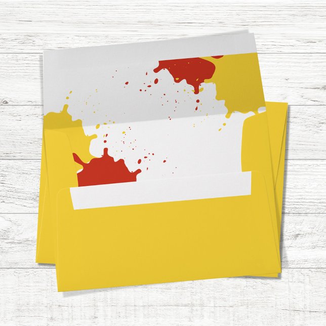 Red Yellow Mustard Ketchup Return Address Custom Envelope (Red and yellow splatter ketchup and mustard envelope.)