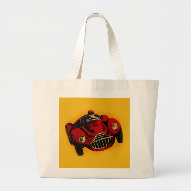 Red Yellow Old Auto Racing Car Large Tote Bag (Front)