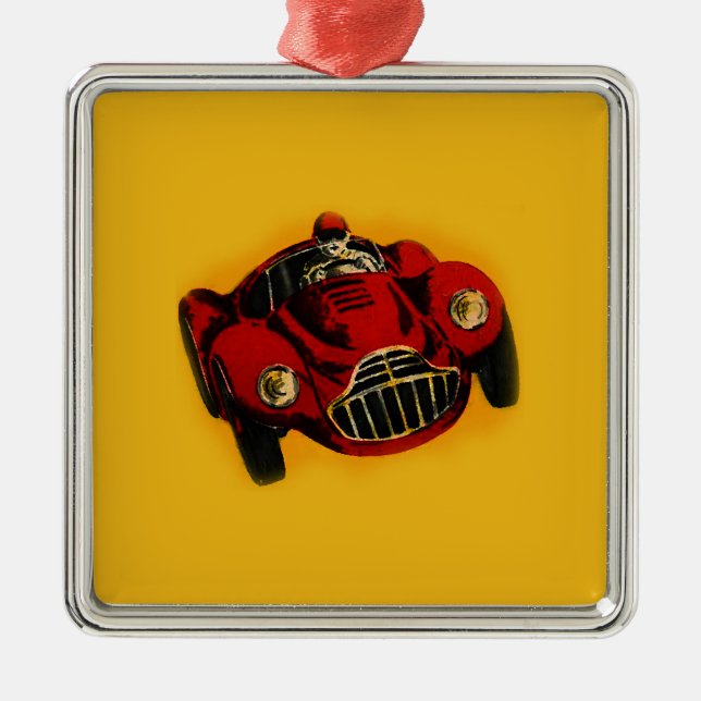 Red Yellow Old Auto Racing Car Metal Ornament (Front)