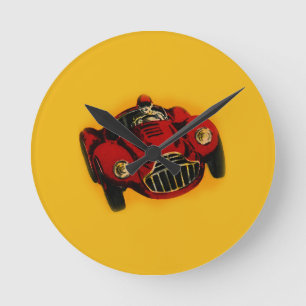 Red Yellow Old Auto Racing Car Round Clock