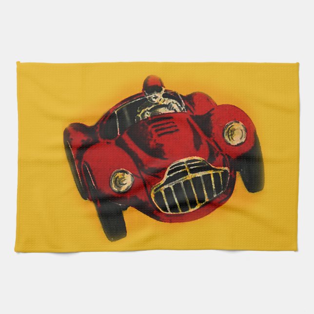 Red Yellow Old Auto Racing Car Tea Towel (Horizontal)