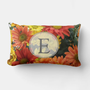 Red, yellow, orange colourful autumn daisy flowers lumbar cushion