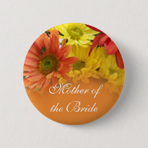 Red, yellow, orange daisy flower wedding name 6 cm round badge