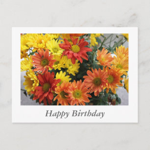 Red, yellow, orange daisy flowers happy bithday postcard
