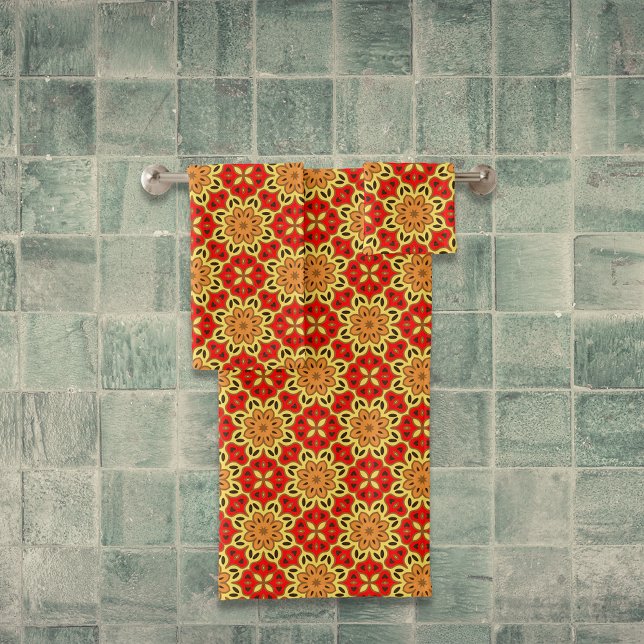 Red Yellow & Orange Mosaic Geometric Pattern Bath Towel Set (Creator Uploaded)