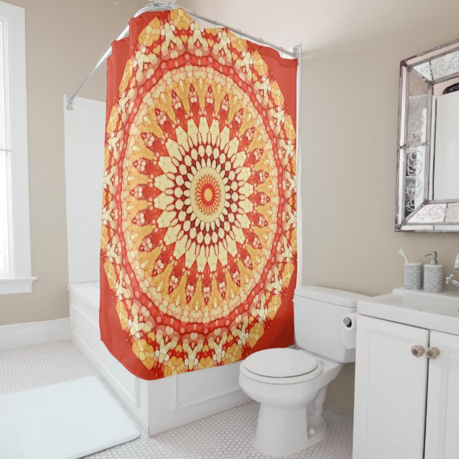 Red Yellow Orange Summer Sun Mandala Pattern Shower Curtain (In Situ)