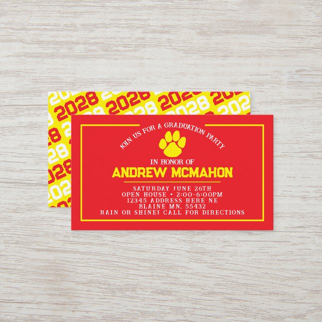 Red & Yellow Pawprint Mini Graduation Invites (Red & Yellow Pawprint Mini Graduation Invites for Friends, Team Mates or as Inserts!)