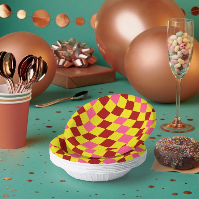 Red Yellow Pink Chequered Pattern Design  Paper Plate (Multi)