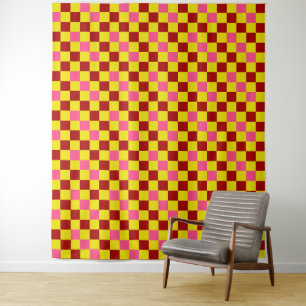 Red Yellow Pink Chequered Pattern Design Tapestry