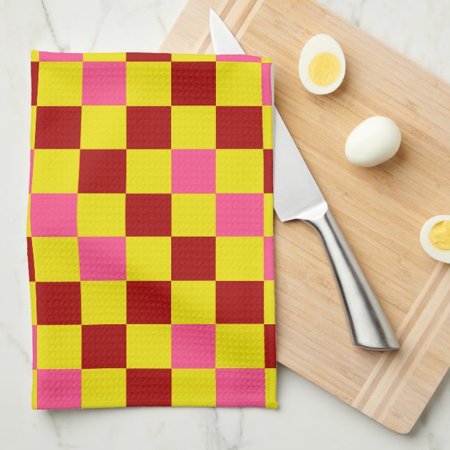 Red Yellow Pink Chequered Pattern Design  Tea Towel (Quarter Fold)