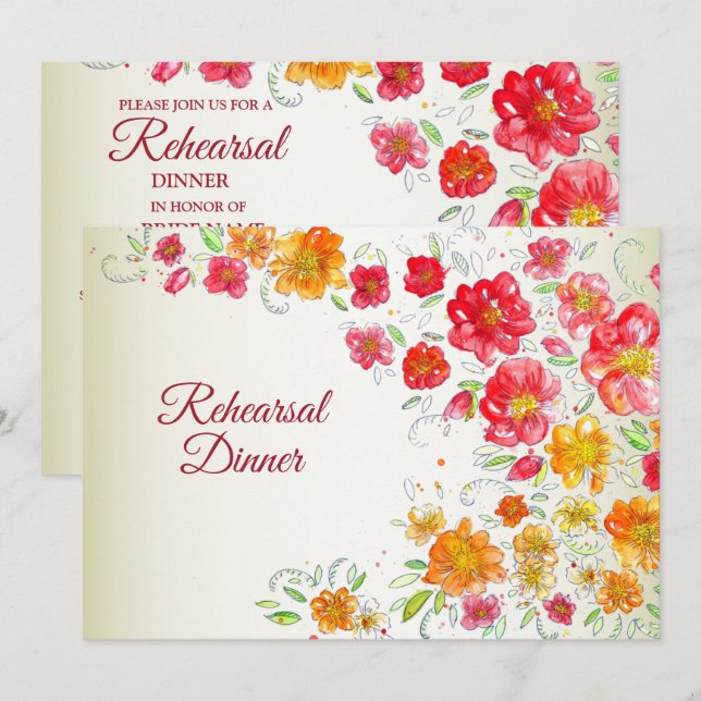 Red Yellow Pink Floral Wedding Rehearsal Dinner Invitation (Front/Back)