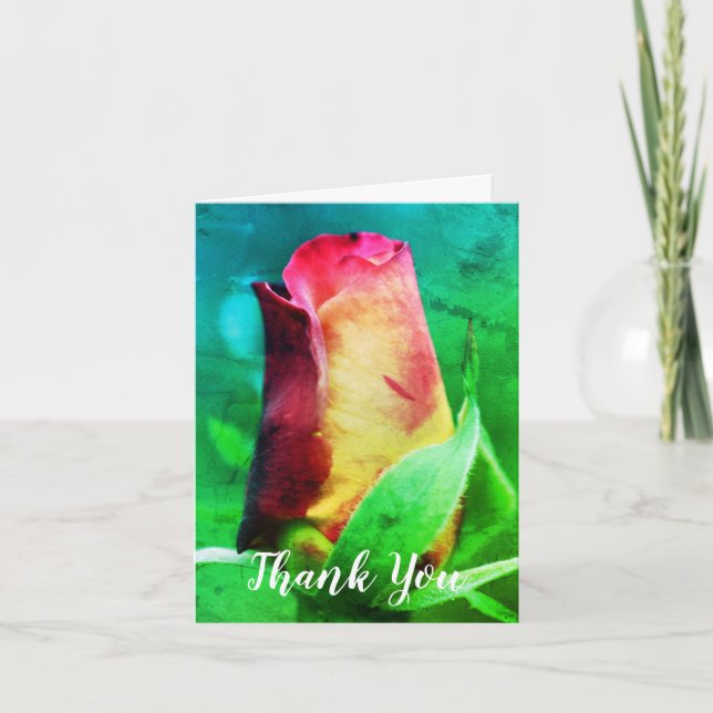Red Yellow Rosebud Flower Art Thank You Card (Front)