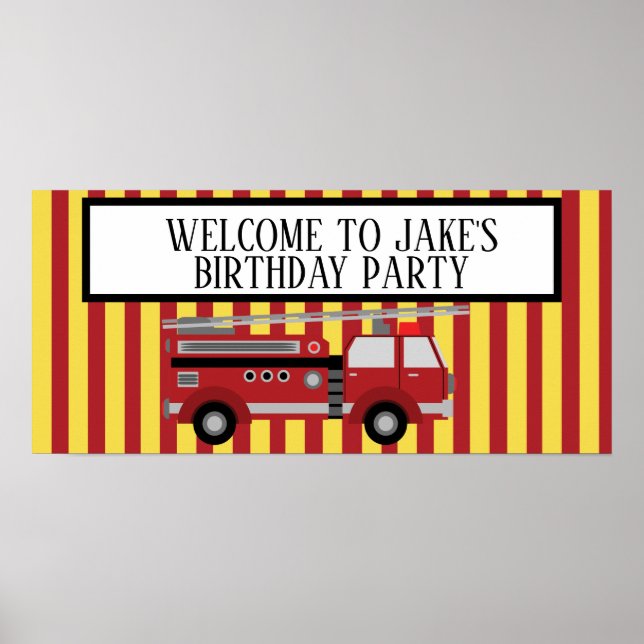 Red Yellow Striped Firetruck Birthday Party Banner Poster (Front)