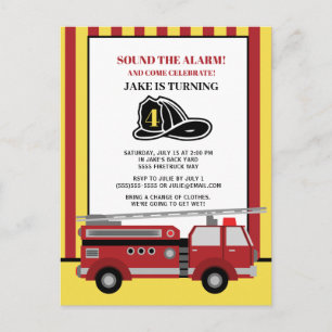 Red Yellow Striped Firetruck Child's 4th Birthday Postcard