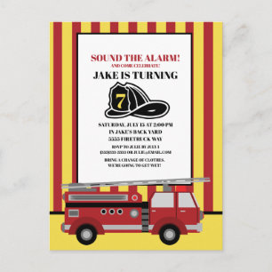 Red Yellow Striped Firetruck Fire Fighter Birthday Postcard