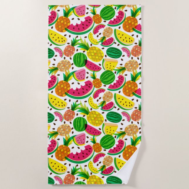 Red & Yellow Tropical Fruit Pattern Beach Towel (Front)