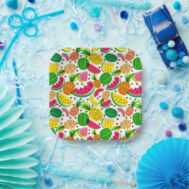 Red & Yellow Tropical Fruit Pattern Paper Plate (Party)
