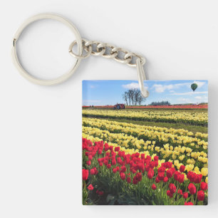 Red & Yellow Tulip Field with Hot Air Balloon Key Ring