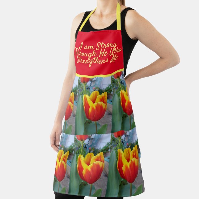 Red Yellow Tulip FlowerGod Quote I Am Strong  Apron (Insitu)