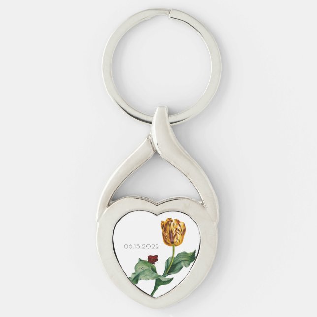 Red & Yellow Tulip with Wedding Date Key Ring (Front)