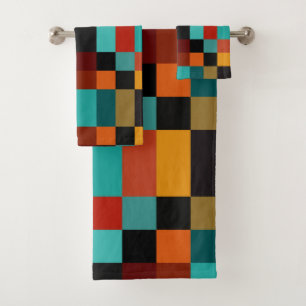red, yellow, turquoise, orange and black blocks bath towel set