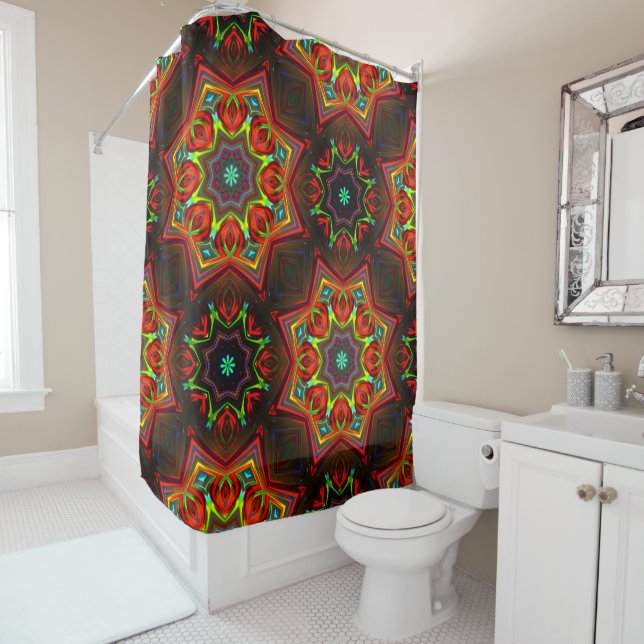 Red yellow twisted eight-pointed star kaleidoscope shower curtain (In Situ)