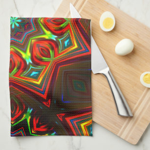 Red yellow twisted eight-pointed star kaleidoscope tea towel