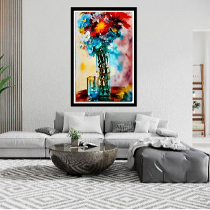 Red yellow white blue flowers on vase abstract poster