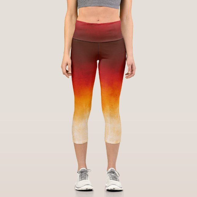 Red Yellow White rustic ombre Capri Leggings (Front)