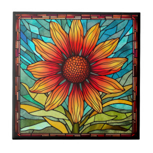 Red & Yellow Wildflower in Stained Glass Ceramic Tile