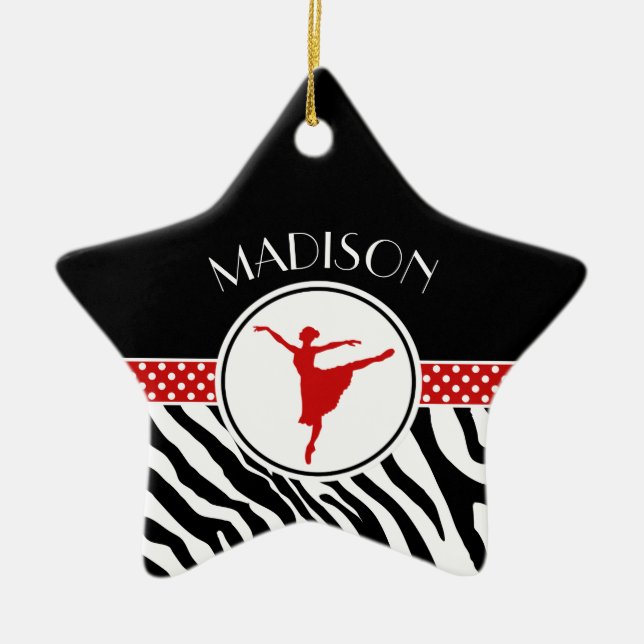 Red Your Name Zebra Print Ballet Dancer Ceramic Tree Decoration (Front)