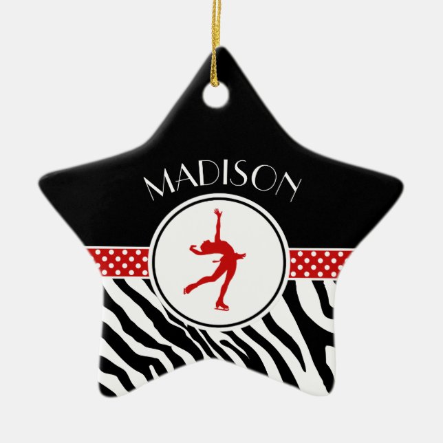 Red Your Name Zebra Print Figure Skating Ceramic Tree Decoration (Front)