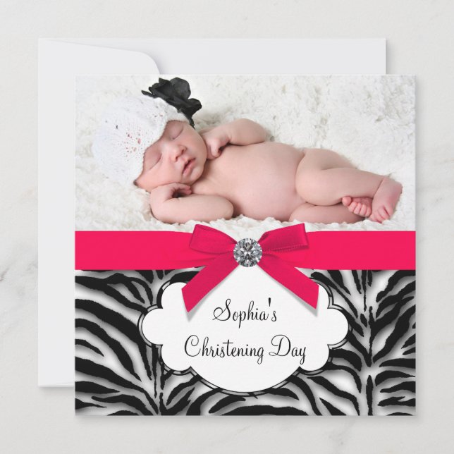 Red Zebra Baby Girl Photo Christening Invitation (Front)
