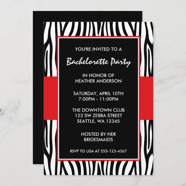 Red Zebra Bachelorette Party Invitations (Front/Back)