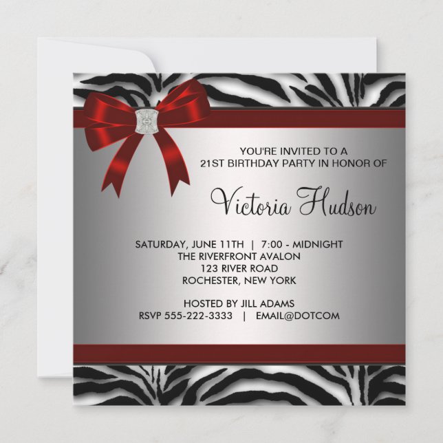 Red Zebra Girl Womans Birthday Party Invitation (Front)