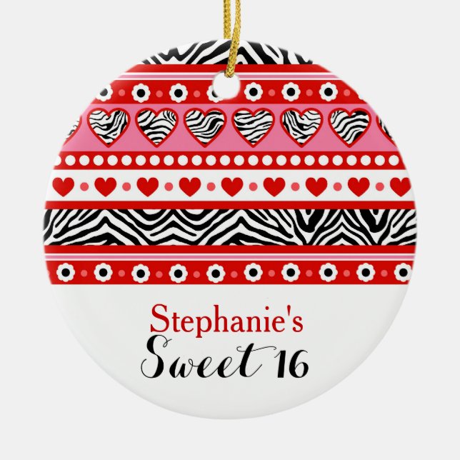 Red zebra heart Sweet 16 Party Ornament (Front)