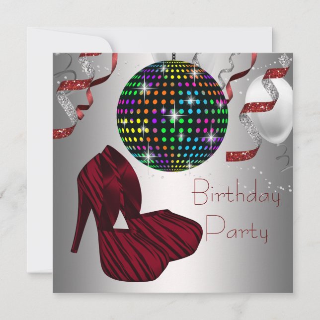 Red Zebra High Heel Shoes Disco Birthday Party Invitation (Front)