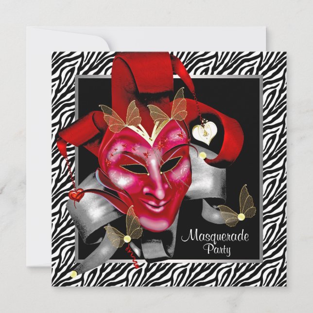 Red Zebra Mask Red Masquerade Party Invitation (Front)