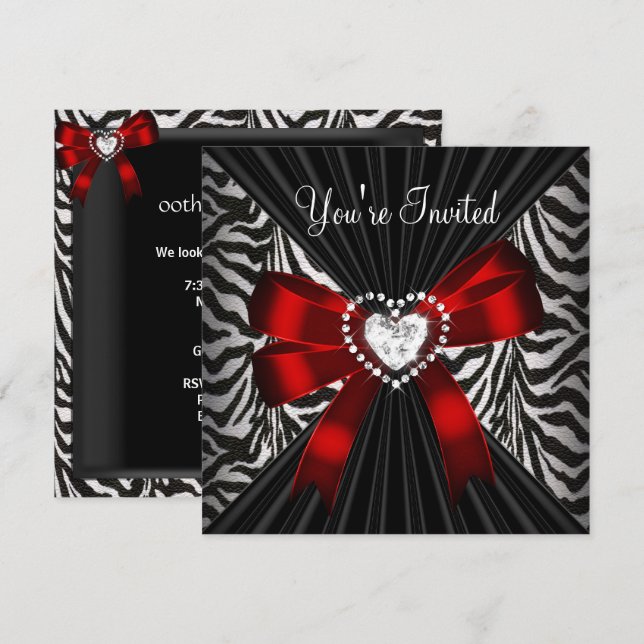 Red Zebra Stripe Black Birthday Party Image Invitation (Front/Back)