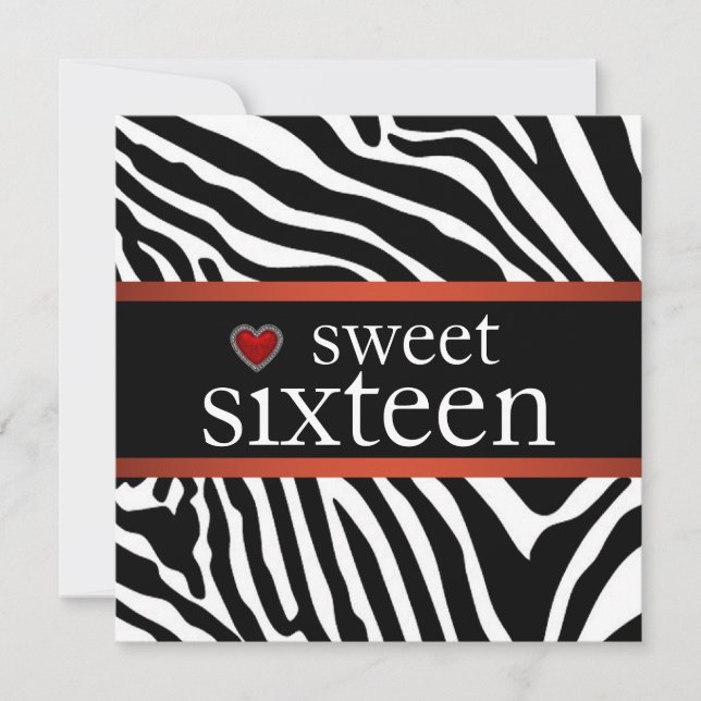 Red Zebra Sweet Sixteen Birthday Party Invitation (Front)