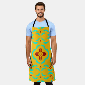 Red Zia Symbols New Mexico Turquoise Feathers Apron