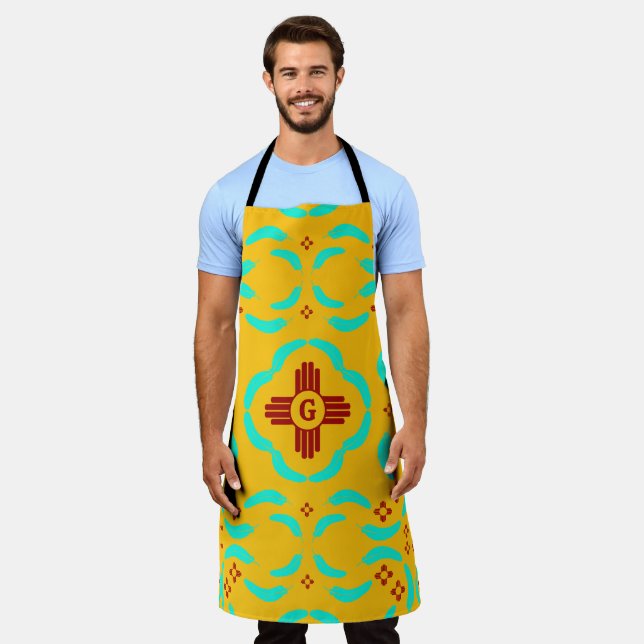 Red Zia Symbols New Mexico Turquoise Feathers Apron (Worn)