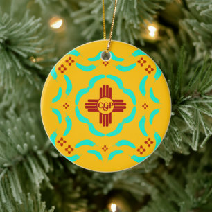 Red Zia Symbols New Mexico Turquoise Feathers Ceramic Ornament