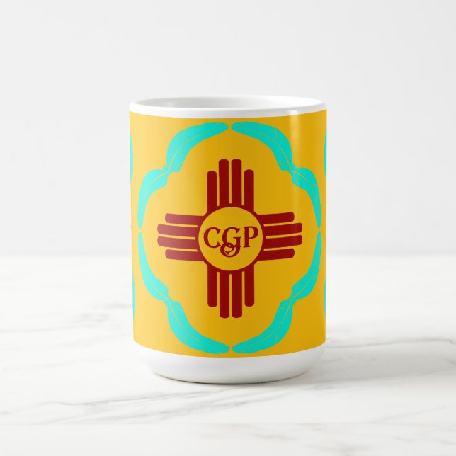 Red Zia Symbols New Mexico Turquoise Feathers Coffee Mug (Center)