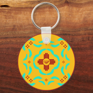 Red Zia Symbols New Mexico Turquoise Feathers Key Ring