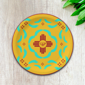 Red Zia Symbols New Mexico Turquoise Feathers Paper Plate